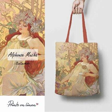 Alphonse Mucha, Tote bag canvas, Autumn, 100% linen, Mucha gift, Personalized tote, Mucha Seasons, Tote bag, PR1026