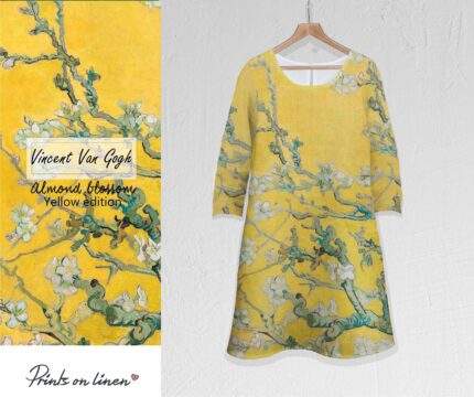 Almond Blossom, Vincent van Gogh, linen women dress, plus size dress, 3/4 sleeves, linenislove, 100% linen, Van Gogh, PR1120