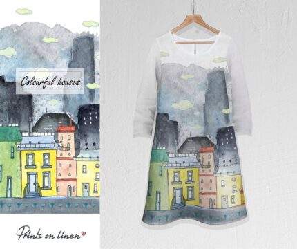 Linen women dress, colourful houses, 3/4 sleeves dress, custom size dress, dress wholesale, 100% linen, PR1183