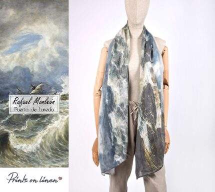 Women scarf, Rafael Monleon, Puerto de Loredo 1883, linen women scarf, 100% linen, vintage art print, linen scarf, hand made by Linenislove,  PR0245