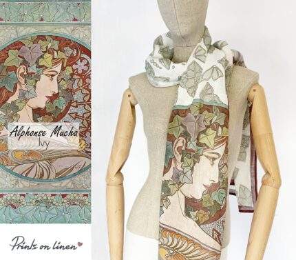 Women scarf, Alphonse Mucha, Linen scarf, 27 x 76 in, custom linen scarf, 100% linen, linen women scarf, hand made by Linenislove,  PR0270
