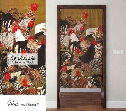 Noren, Itō Jakuchū, Chickens Flock, japan curtain, linen curtain, Japan art print, natural curtain, 100% linen, linen noren, noren curtain, PR0340
