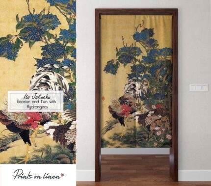 Noren, Itō Jakuchū, Rooster and Hen with Hydrangeas, door linen panel, PR0999