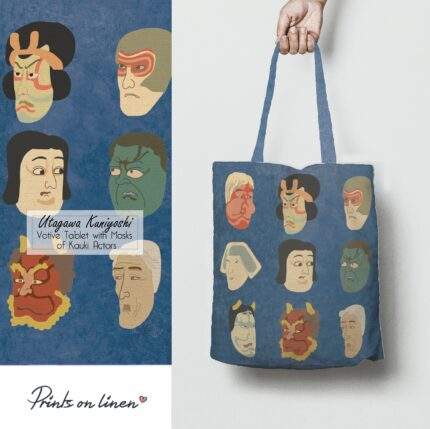 Tote bag canvas art, Japanese Masks, tote bag pattern, Japanese tote bag, Tote bag for women, linen tote bag, linen bag, PR0156