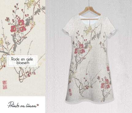 Linen dress, Rode en gele bloesem, 100% linen, dress with pockets, summer linen dress, Knee Length dress, PR0402