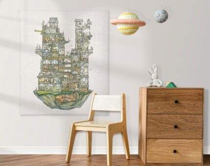 Tapestry, Floating city, Kids room, Bunny, Wall Art, Nursery, 100% linen, Fabric Wall Hanging, Tapestry, linen Wall Hang, Wall Decoration, PR0061