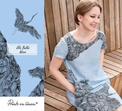 Linen dress, Wave, women summer dress, Cranes, Japan dress, blue linen dress, holiday dress, dress with pockets, PR0342