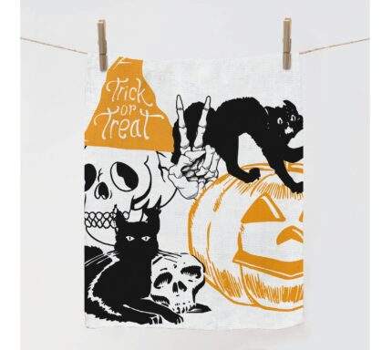 Halloween towel, Halloween decor, linen dish towel, halloween pumpkin, cat, skull printed dish towel, PR0436