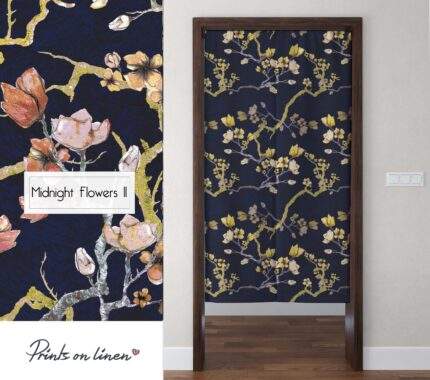 Noren curtain, Midnight Flowers II, linen curtains, door curtain, 100% linen, panel curtain, closet cover, PR1398