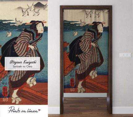 Noren curtain, Utagawa Kuniyoshi, Sanbashi No Onna, linen curtains, door curtain, 100% linen, panel curtain, closet cover, PR1400