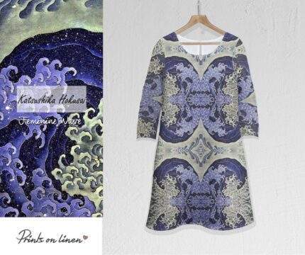 Linen women dress, Katsushika Hokusai, Feminine Wave, 3/4 sleeves, 100% linen, handmade, unique dress, PR1731