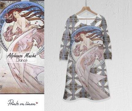 Linen women dress, Alphonse Mucha, Dance, 3/4 sleeves, 100% linen, handmade, unique dress, PR1723