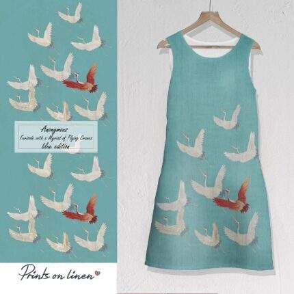 Linen dress, Anonymous, Furisode with a Myriad of Flying Cranes, Blue Edition, Sleeveless, 100% linen, Summer dress, PR1601