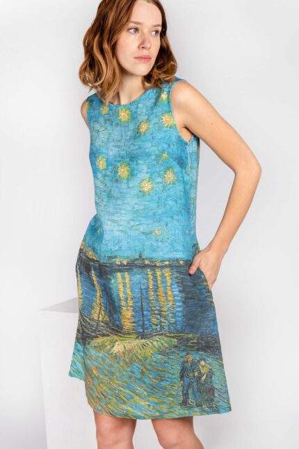 Linen dress, Vincent Van Gogh, Starry Night Over the Rhone, 100% linen, sleeveless dress, bohemian dress, PR2027