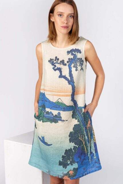 Linen dress, Katsushika Hokusai, Lake Suwa, 100% linen, sleeveless dress, bohemian dress, PR1907