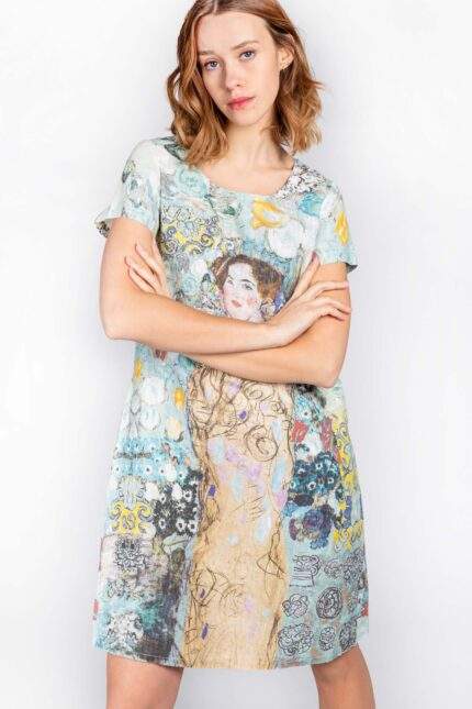Linen dress, Linen dress, Gustav Klimt, Portrait of Maria Munk, 100% linen, short sleeves dress, bohemian dress, PR2049