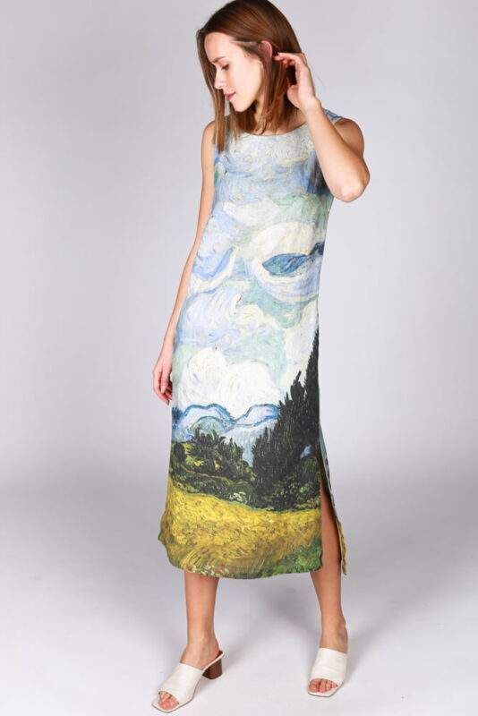 Pr2295 Linen dress, Vincent Van Gogh, Wheat Field with Cypresses, 100% linen ...