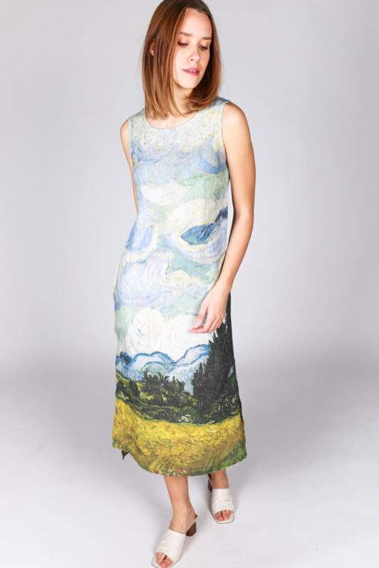 Pr2295 Linen dress, Vincent Van Gogh, Wheat Field with Cypresses, 100% linen ...
