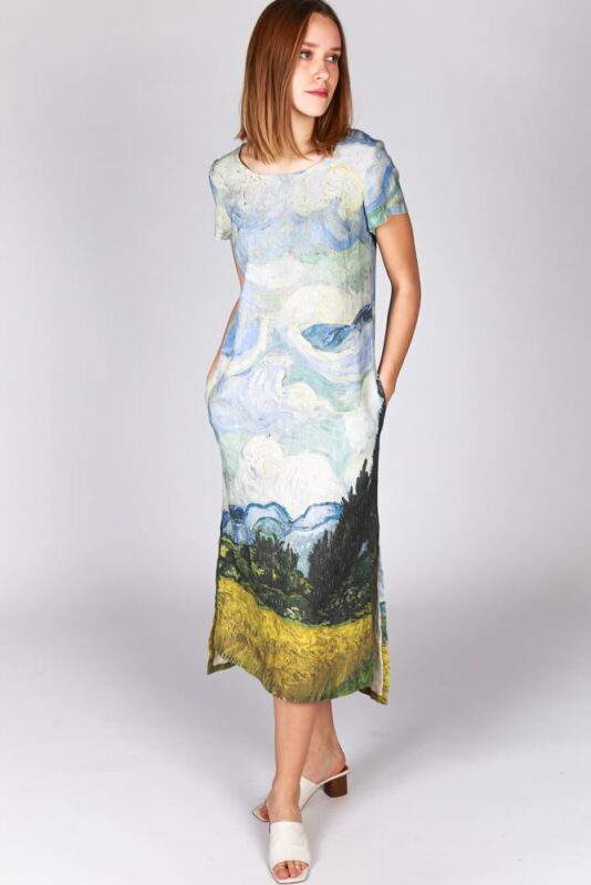 Pr2295 Linen dress, Vincent Van Gogh, Wheat Field with Cypresses, 100% linen ...