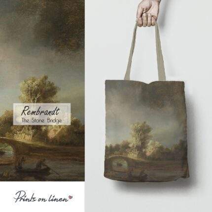 Linen Tote Bag, Rembrandt, The Stone Bridge, Tote bag, 100% linen, Made in Lithuania, Hand Made Tote, Shopping bag, PR2442