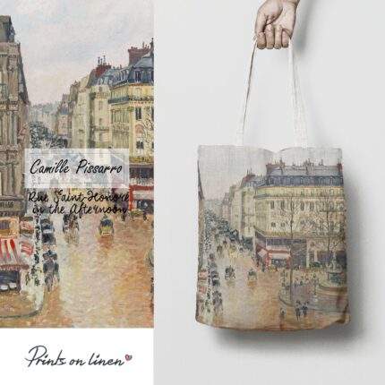 Linen Tote Bag, Camille Pissarro, Rue Saint Honore in the Afternoon, Tote bag, 100% linen, Made in Lithuania, Hand Made Tote, Shopping bag, PR2443