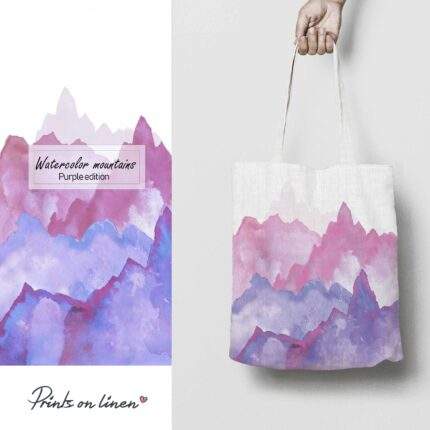 Linen Tote Bag, Watercolor Mountains, Purple Edition, Tote bag, 100% linen, Made in Lithuania, Hand Made Tote, Shopping bag, PR2448