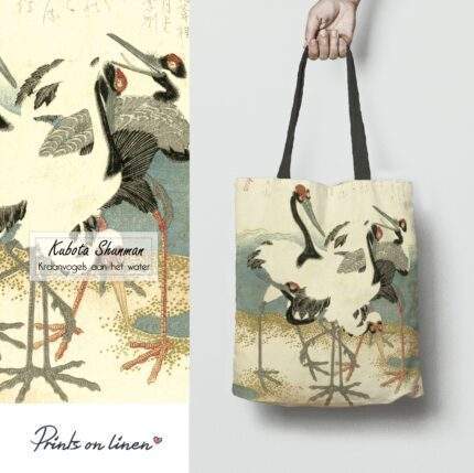 Linen Tote Bag, Kubota Shunman, Kraanvogels Aan Et Water, Tote bag, 100% linen, Made in Lithuania, Hand Made Tote, Shopping bag, PR2432