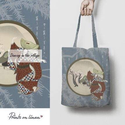 Linen Tote Bag, Dancing in the Village, Tote bag, 100% linen, Made in Lithuania, Hand Made Tote, Shopping bag, PR2460