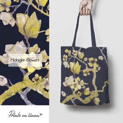Linen Tote Bag, Midnight Flowers, Tote bag, 100% linen, Made in Lithuania, Hand Made Tote, Shopping bag, PR2467