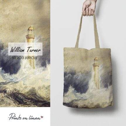 Linen Tote Bag, William Turner, Bell Rock Lighthouse, Tote bag, 100% linen, Made in Lithuania, Hand Made Tote, Shopping bag, PR2477