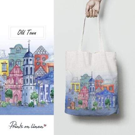 Linen Tote Bag, Old Town, Tote bag, 100% linen, Made in Lithuania, Hand Made Tote, Shopping bag, PR2391
