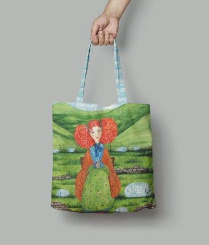 Linen Tote Bag, Girl and Her Sheeps, Tote bag, 100% linen, Made in Lithuania, Hand Made Tote, Shopping bag, PR2923