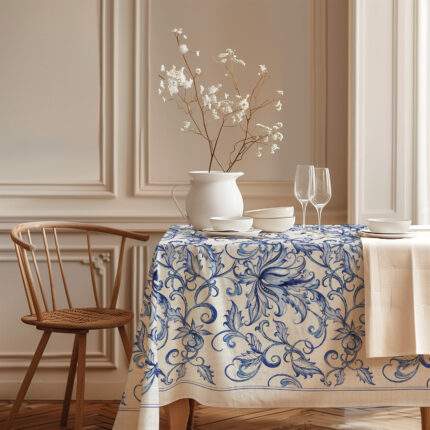 Tablecloth, Blue Willow Linen Placemats Set, Chinese Porcelain Art, 100% linen, PR4122